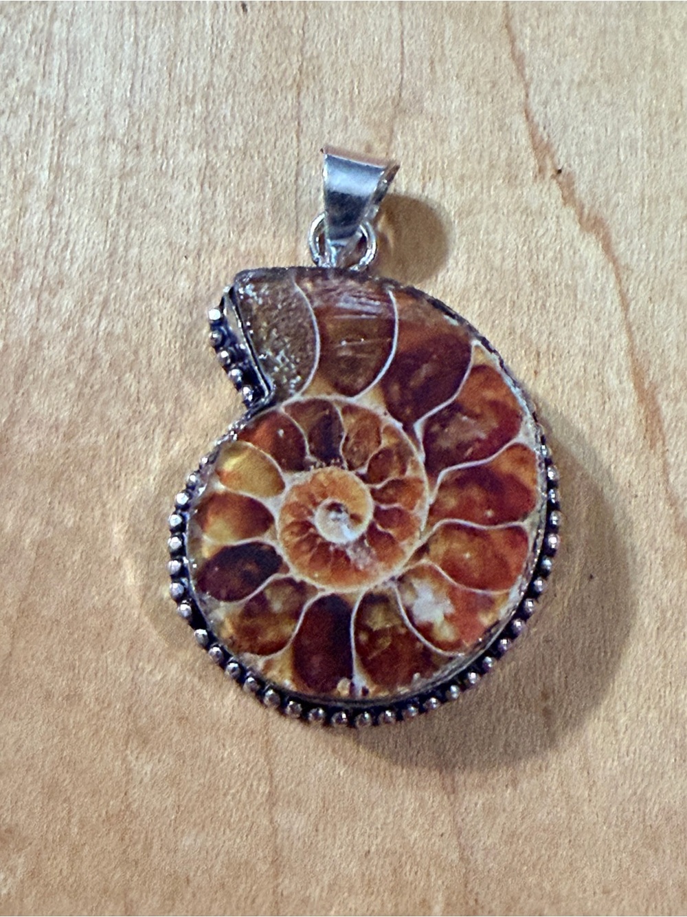 Handcrafted Brown Ammonite Shell Pendant Necklace - 925 Plated/Stamped